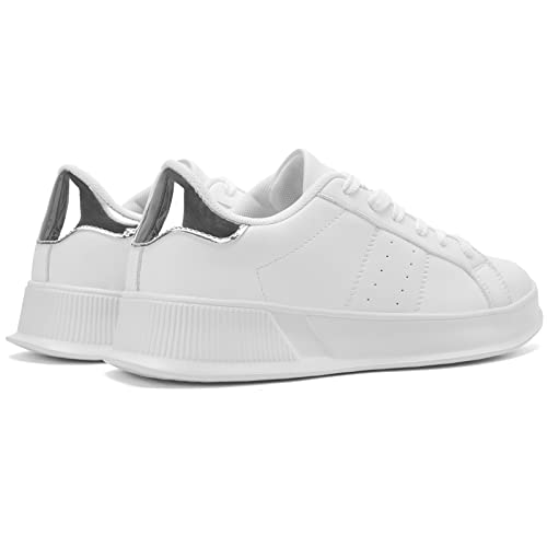 Leather Fashion White Casual Shoes For Women - Lightweight Classic Sneakers Walking Tennis Shoes Comfort Non Slip Lace Up Athletic Shoes White Silver Size 5 #TOP3