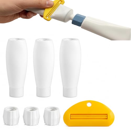 Toothpaste Refill Adapter Kit with Refillable Toothpaste Tubes and Squeezer Portable Travel Connectors for Transferring Toiletries Leak-Proof Packing Set (1 Set)