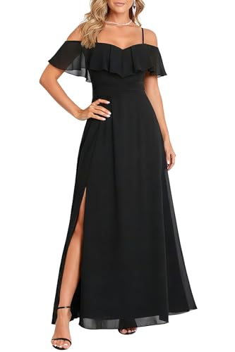 Pinup Fashion Women Formal Dresses Black Bridesmaid Off Shoulder Cold Chiffon Long Wedding Guest Ruffle Side Slit Smocked A-Line Dress