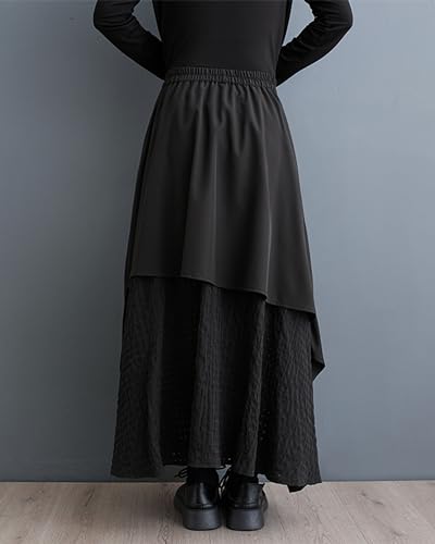 ellazhu Women's Maxi Length Elastic Waist Solid Color Button Dress Skirt GZ139 A3