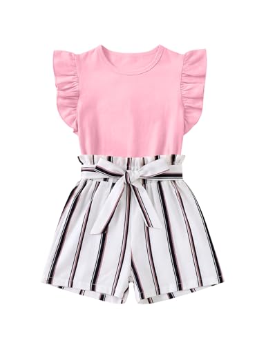 Image of Girls 2 Piece Outfits Summer Ruffle Sleeve Top and High Waisted Striped Shorts Set for Girls 7-14