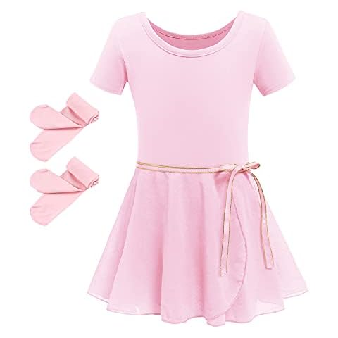 IMEKIS Kid Girls Ballet Dance Dress Short Sleeve Gymnastic Leotard Bodysuit Top with Chiffon Wrap Skirt Footed Tights Cotton Dancewear Costume 4pcs Ballerina Outfit Pink 7-8 Years Cover