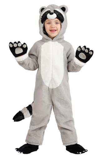 Fun Costumes Toddler Rascal Raccoon Costume | Furry Hooded Jumpsuit with Striped Tail and Mitts 4T