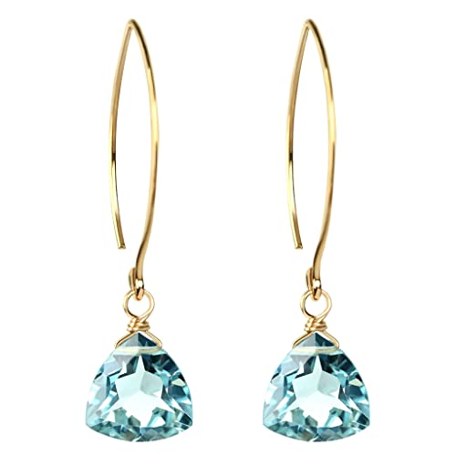Aquamarine Blue Quartz Trillion 14k Gold Plated Sterling Silver Earrings