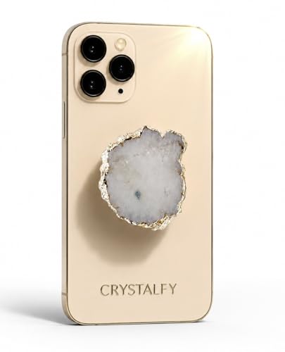 Grips by CRYSTALFY Perfectly Imperfect White Druzy Crystal Phone Grip Holder & Expanding Kickstand - Natural Gemstone Swappable Top Accessory for iPhone iPad Kindle & Mobile Devices