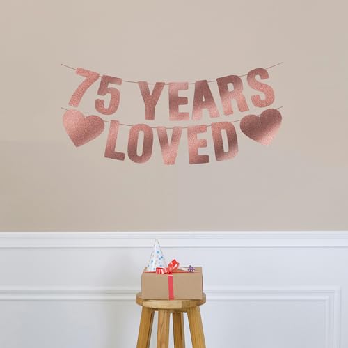 Image of Pre-Strung 75th Birthday Banner - Rose Gold Glitter, Happy 75th Birthday Party Decorations for Women, Cute 75 Year Old Anniversary Decor Bday Sign Gifts