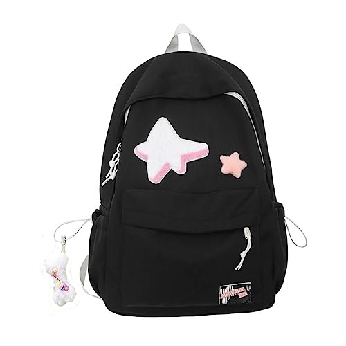 Kawaii Backpack with Star Patch and Cute Accessory Spacious and Multiple Compartments (Black)
