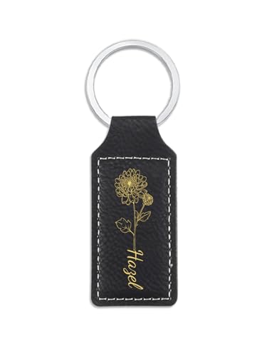 PiercingJak Schlüsselanhänger Leder mit Wunschgravur Personalisiert Name Datum Blume Schlüsselband Charms Schmuck Individuelle Geschenke für Männer Frauen Motorradfahrer Biker, Schwarz
