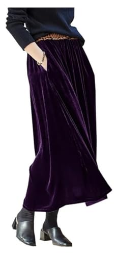Women's Silk Velour High Waist Long Swing Midi Skirt Casual Solid A-Line Ankle Length Pull On Skirt
