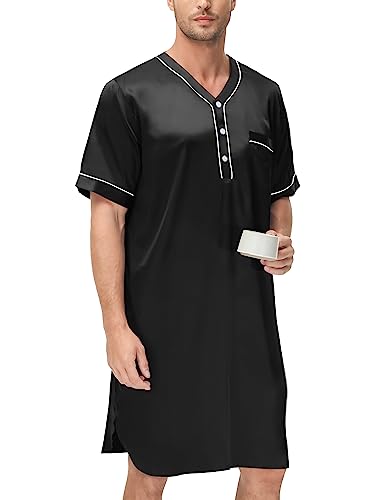 SWOMOG Mens Silk Satin Nightshirt Short Sleeve Loose Henley Sleep Shirt Comfy Nightgown Big & Tall Men Sleepwear