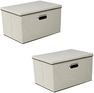 Youyijia 2 Pack Storage Boxes with Lids 45x30x30cm Large Collapsible Storage Baskets for Shelves Foldable Linen Fabric Storage Bins with Handle Cube Storage Unit for Organizing Clothes Toys(Beige)