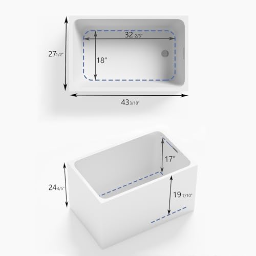 43" Acrylic Freestanding Bathtub, Japanese Soaking Tub Spacious Rectangular Shape, Modern Soaking Bathtub, Gloss White Finish, Chrome Slotted Overflow & Pop-Up Drain