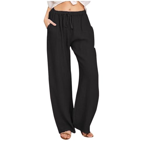 OCCSIK Pants for Women,Womens Pants Black Trousers for Women Summer Fashion Linen Pants Casual High Waist Loose Fit Drawstring Trousers with Pockets Black Medium