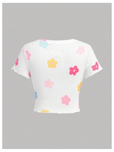 WDIRARA Girl's Floral Print Lettuce Trim T Shirt Short Sleeve Crew Neck Tee Rib Knit Slim Fit Crop Tops2