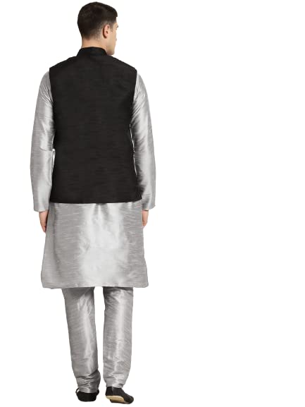 Image of SOJANYA (Since 1958, Men's Silk Blend Grey Kurta Pyjama & Silk Blend Jacket Combo