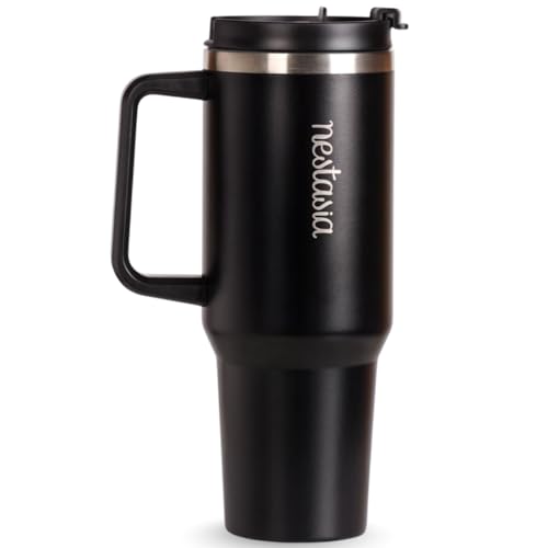 Image of Nestasia GripSip40 Tumbler with Straw & Side Handle 1.2L | Insulated Stainless Steel Sipper Water Bottle for Adults with Dual Flip Opening Sip-Swig Leakproof Lid for Office & Gym (Black Noir)