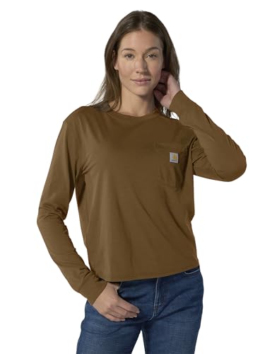 Carhartt Women's Loose Fit Lightweight Long-Sleeve Crewneck Pocket T-Shirt, Carhartt Brown, X-Large