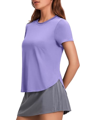 PINSPART T-shirt desportiva de manga curta para mulher, t-shirt desportiva UPF 50+, t-shirt de proteção solar, t-shirt respirável para corrida, t-shirt desportiva para fitness, Roxo, S
