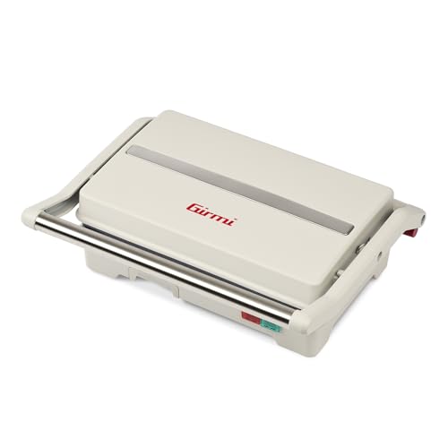 Girmi TS15 Griglia Elettrica, 900W, Piastre Antiaderenti 23 x 14 cm, Apribile a Libro 180°, Manico Antiscottatura, Cassetto per Raccolta Liquidi, 2 Spie di Funzionamento, Beige Opaco