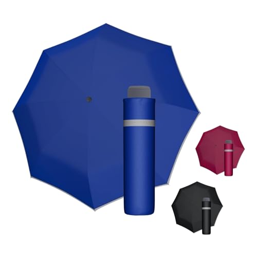 Doppler Regenschirm Mini Light Up Reflect in blau I Regenschirm mit reflektierendem Rand I Handöffner Taschenregenschirm I Mini Schirm mit Schirmtasche I Leichter Taschenschirm für unterwegs
