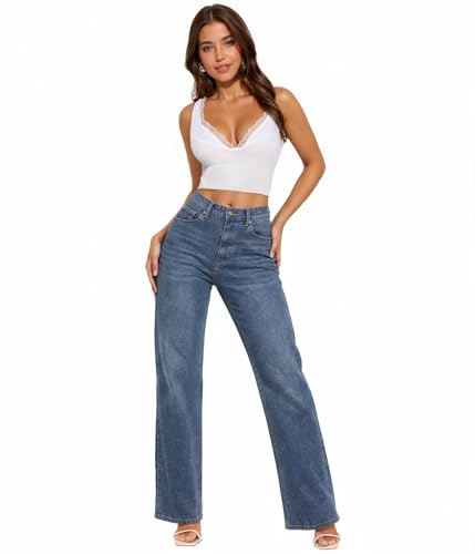 Hybrid & Company Womens Wide Leg High Rise Super Comfy Stretch Denim Pants Trendy Relaxed Fit Jeans with Pockets P5005WLX Tint 18