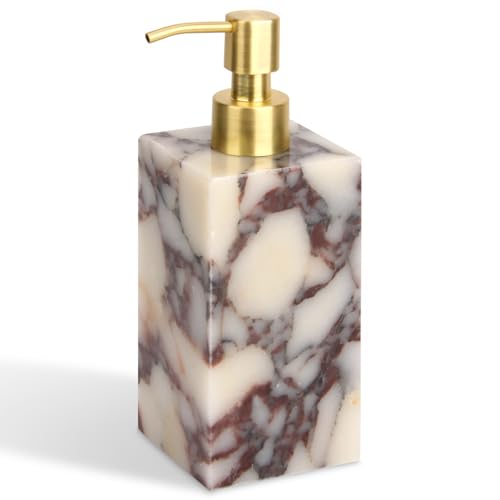 Natural Marble Soap Dispenser for Bathroom and Kitchen Countertop - 5.41 Ounces Hand Lotion and Liquid Stone Shampoo Laundry Bottle with Pump (1 Calacatta Viola Rectangular Bottle)