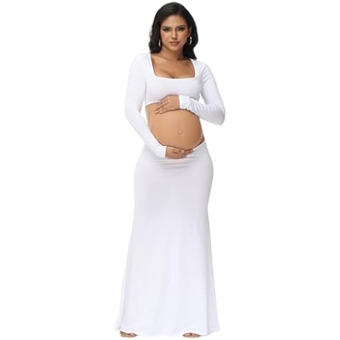 JustVH Maternity Dress for Photoshoot Solid Cut Out Backless Long Sleeve Maxi Photography Pregnancy Dress for Women White Cover