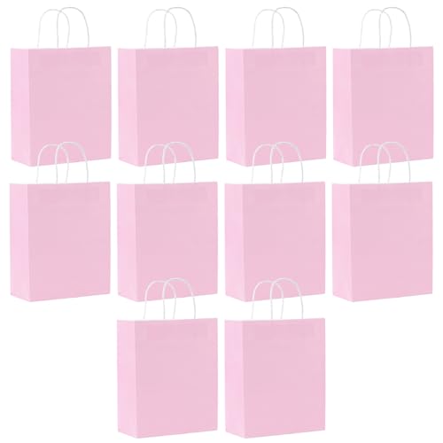 SHUBEIEUMI Paquete de 10 Bolsas de Regalo, Bolsas de Papel Kraft con Asas, 21 x 15 x 8 cm, Reutilizables Bolsas de Regalo para Embalaje Fiestas de Cumpleaños Bodas-Rosa