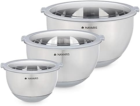 Navaris Stainless Steel Mixing Bowls (Set of 3) - Mixing Bowl Set with Lids, Non-Slip Silicone Base, Measurements - 1.4, 2.8, 4.7 litres (Grey)