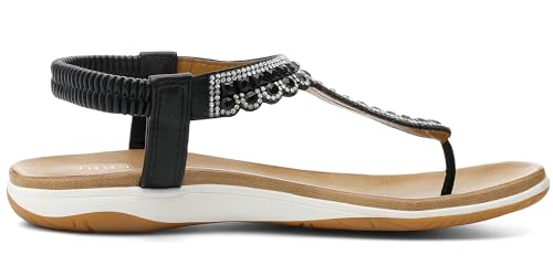 Image of UBFEN Womens Flat Sandals with Arch Support - T-Strap Thong Sandals with Elastic Back Strap, Comfortable for Walking, Bling, Rhinestone, Dressy