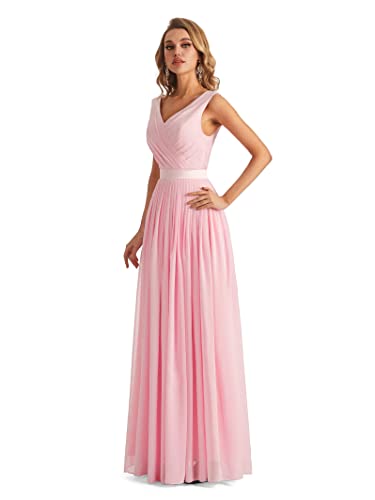 Lecureler Vestido largo de dama de honor con cuello en V, rosa pastel, 40