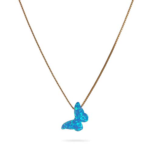 Blue Opal Butterfly Necklace 14k Gold Filled Chain Opal jewelry Luck Pendant Women Girl Blue Opal 16″+extension