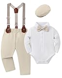 YUEMION Baby Boy Clothes Wedding Outfit Infant Tuxedo Gentleman Suits Dress Shirt+ Beret Hat +Suspender Pants +Bowtie (Beige, 0-3 Months)