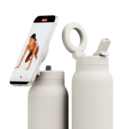 RINGO PRO Water Bottle with Magnetic Phone Mount & Sip Straw Lid - Insulated Stainless Steel Bottle for Workouts Content Creation Navigation & Facetime on the Go 12Hrs Hot/24Hrs Cold Ivory-24oz