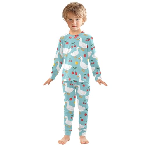 Pajama Sets Long Sleeve Ducks Cherries Apples Blue Background Soft Comfy Sleepwear 2 Piece PJS 3-8T2