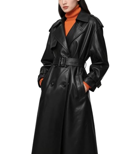 utcoco Women's Faux Leather Trench Coat Double Breasted Belted High Waist Long PU Leather Jacket Fall Winter Outerwear (Medium, Black)