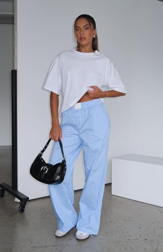 heyheyshine Y2K Women Straight Wide Leg Pants Striped Print Trousers Low Waist Striped Elastic Waisted Y2K Lounge Pants3
