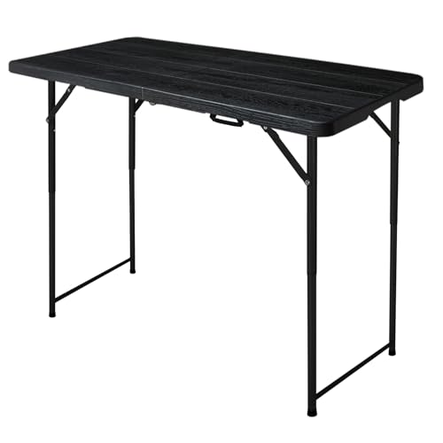 FROASISPRO 4ft Folding Table Portable Fold-in-Half Adjustable Height Utility Table for Indoor/Outdoor Use Durable HDPE & Steel Stable & Lightweight Multi-Purpose Black Woodgrain
