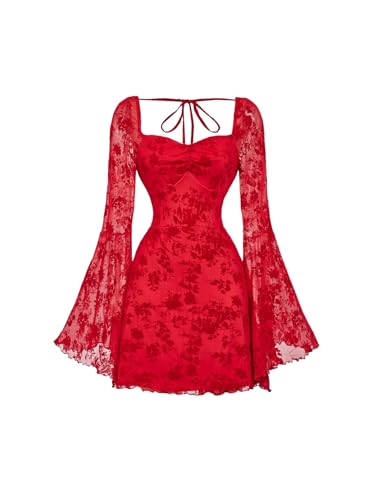 Image of WDIRARA Women's Floral Jacquard Gothic Bell Long Sleeve Dress | Mesh , A Line, Vintage