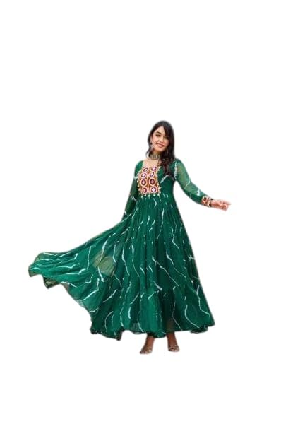 kd Women's Georgette Anarkali Kurta Set, Long Sleeve, Laheriya Floral Print Design with Kutchi Miror Patchwork Real Mirror Work Anarkali Kurta Pant Set, Calf Length-picture-30