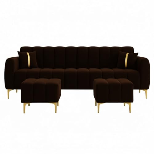 Image of Harmonica 3 Seater Modular L Shape Sofa Set with 2 Ottoman| Soft Velvet Upholstery, Sturdy Wooden Frame | Modern Sofa for Living Room, Hall & Office Spaces (Dark Brown)