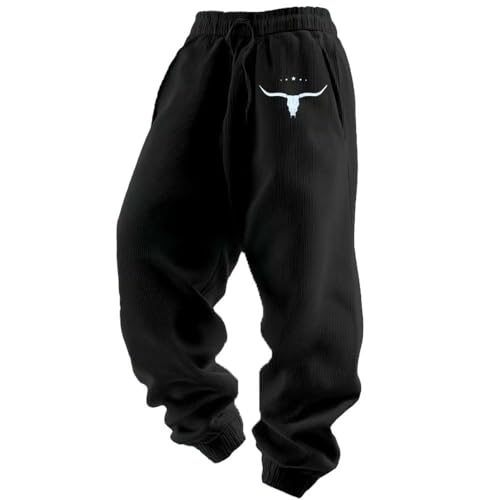 Men's Casual Waffle Bull Head Solid Color Multi-Color Optional Sports Pants Bull Skull Western Sweatpants