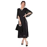 [DEEPEYES] パーティードレス レース ミモレ丈 フォーマル ワンピース 半袖 お呼ばれドレス 結婚式 二次会 お呼ばれ ドレス 大きいサイズ (XL,ブラック)