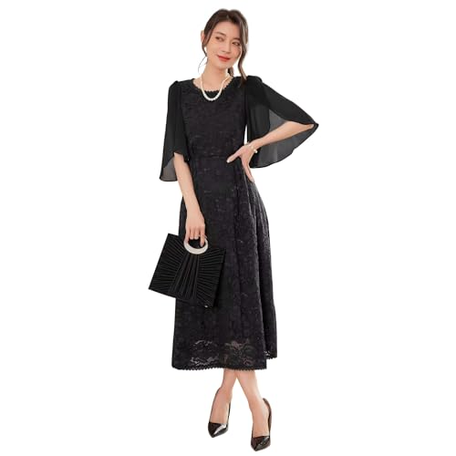 [DEEPEYES] パーティードレス レース ミモレ丈 フォーマル ワンピース 半袖 お呼ばれドレス 結婚式 二次会 お呼ばれ ドレス 大きいサイズ (L,ブラック) - DEEPEYES - 商品画像