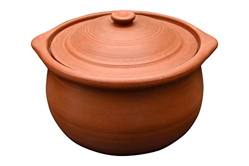 EZAHK Handmade Clay Earthen Non-Stick Kadai Pot With Lid For Cooking & Serving - Brown(2 Litre) Natural And Traditional Pure