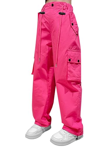 Image of HENGAO Girls Cargo Pants Parachute Casual Jogger Y2K 5-14 Years | Kids Baggy pants Parachute, Drawstring, with Pockets, Elastic High Waist, Loose Trousers Streetwear