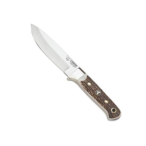 Cudeman Cuchillo 152-C hoja de acero inoxidable ACX-380 de 10 cm empuñadura de asta de ciervo pulida de 11 cm para caza, pesca, supervivencia y bushcraft + Portabotellas regalo