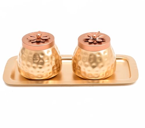 Image of Sanvatsar Square Shape Metal Basket with Jar Tray 4 Copper Flower Container Dry Fruits Chocolate Sweets Candys Gifts Set for Office, Home Decor Table Decoration Item (Pack of 2 Tray Plain)