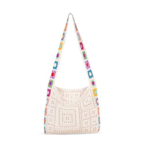 Bolsa de crochê para praia de férias de verão Hobo Bolsas de malha para mulheres bolsa de crochê de malha de viagem bolsa estética, C/Bege, Medium
