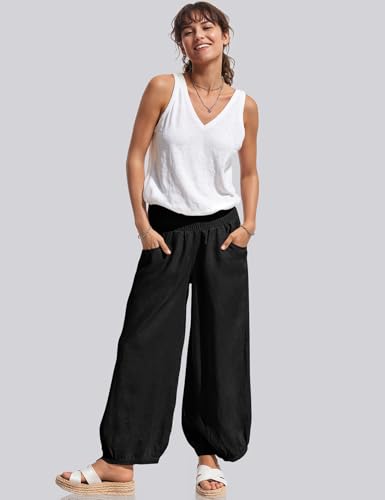 TARSE Womens Linen Wide Leg Pants Casual Loose Elastic Waisted Barrel Beach Palazzo Pants with Pockets3